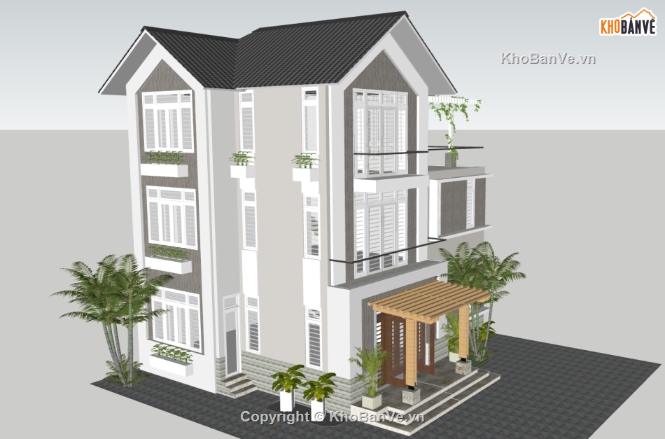 nhà 3 tầng,sketchup 3 tầng,sketchup nhà 3 tầng