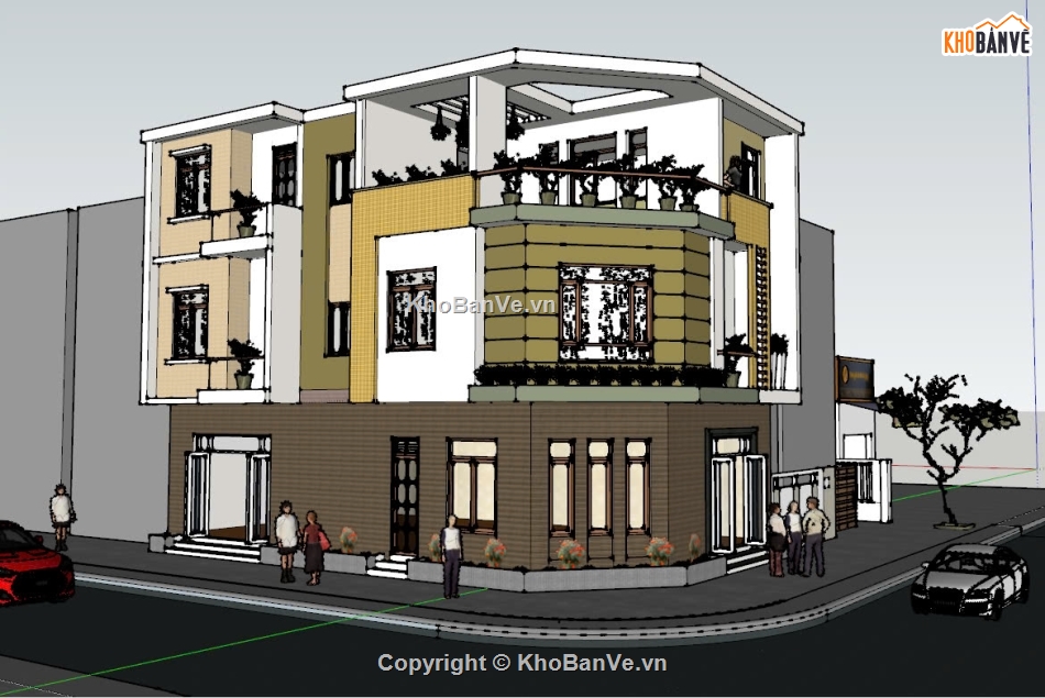 nhà phố sketchup,sketchup nhà lô phố 3 tầng,File sketchup nhà,nhà lô góc phố,nhà phố 3 tầng