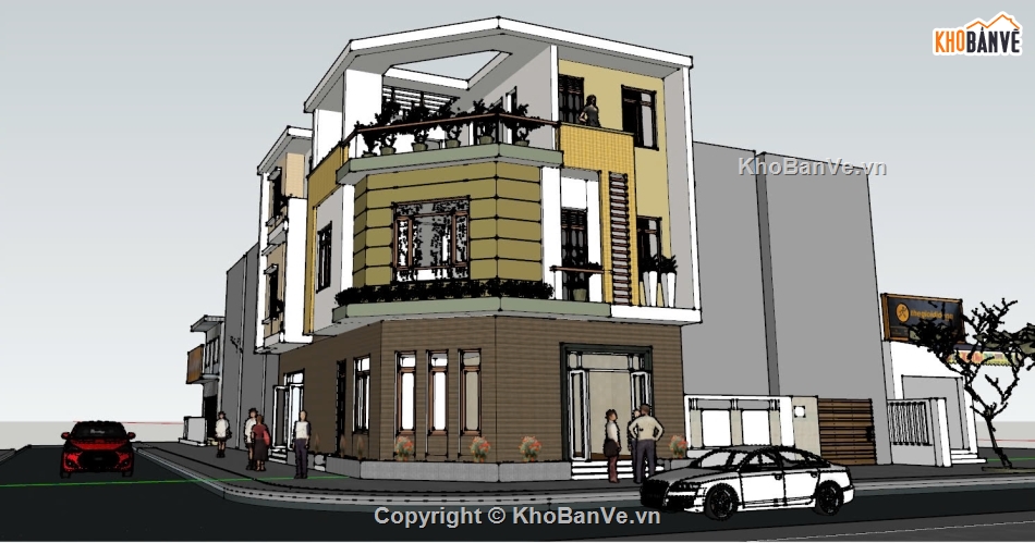 nhà phố sketchup,sketchup nhà lô phố 3 tầng,File sketchup nhà,nhà lô góc phố,nhà phố 3 tầng