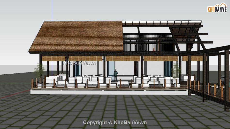 sketchup quán cafe sân vườn,nhà gỗ,homestay nhà gỗ
