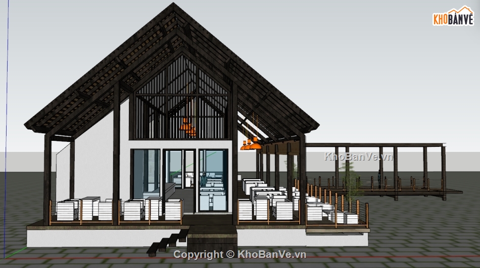 sketchup quán cafe sân vườn,nhà gỗ,homestay nhà gỗ