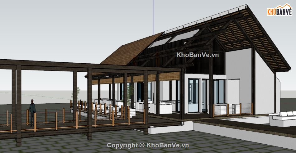 sketchup quán cafe sân vườn,nhà gỗ,homestay nhà gỗ