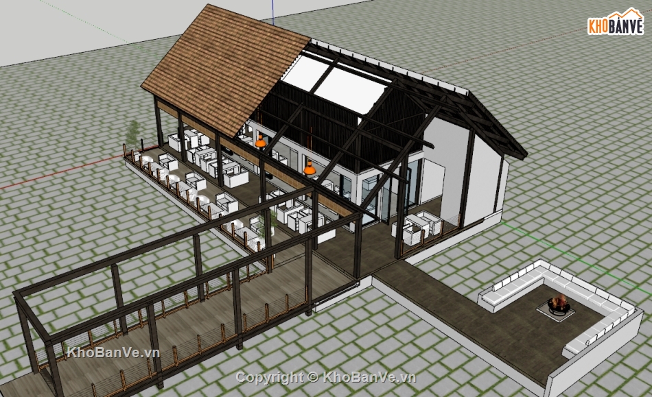 sketchup quán cafe sân vườn,nhà gỗ,homestay nhà gỗ