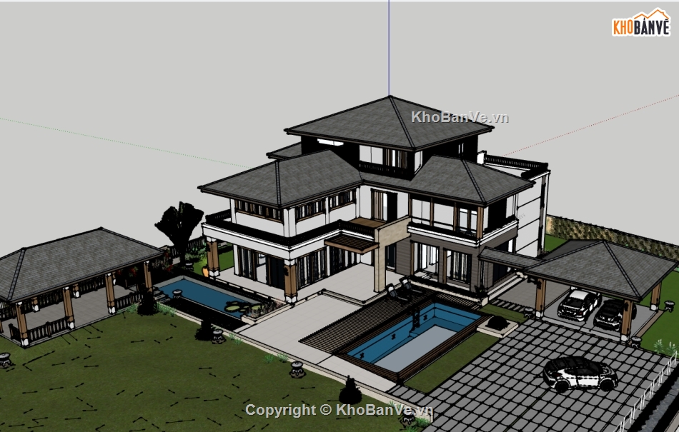 su biệt thự,sketchup biệt thự,biệt thự 3 tầng sân vườn