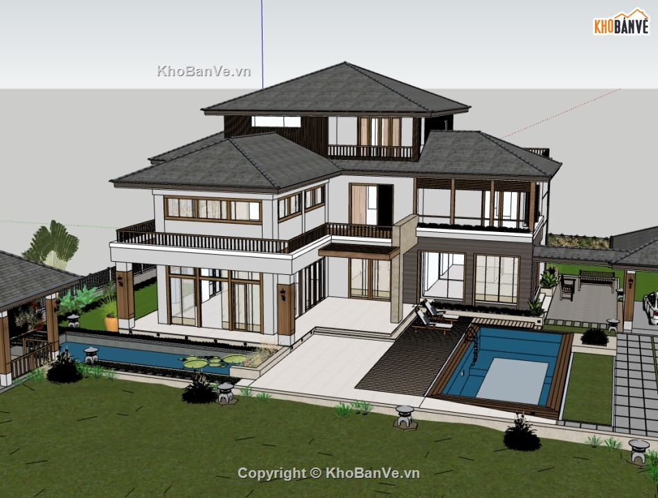 su biệt thự,sketchup biệt thự,biệt thự 3 tầng sân vườn