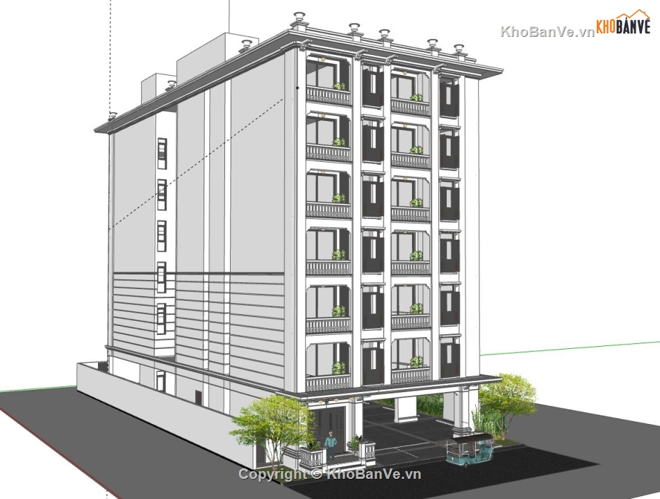 Khách sạn 7 tầng dựng sketchup,model su dựng khách sạn 7 tầng,sketchup bao cảnh khách sạn 7 tầng