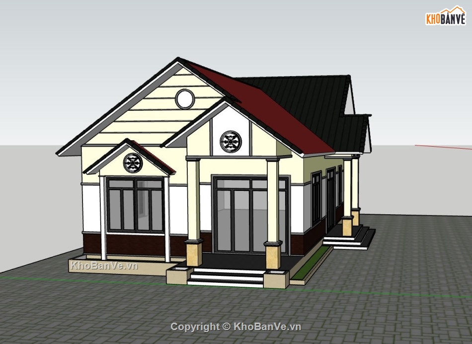 biệt thự sketchup,file sketchup biệt thự 1 tầng,phối cảnh biệt thự 1 tầng,thiết kế biệt thự 1 tầng