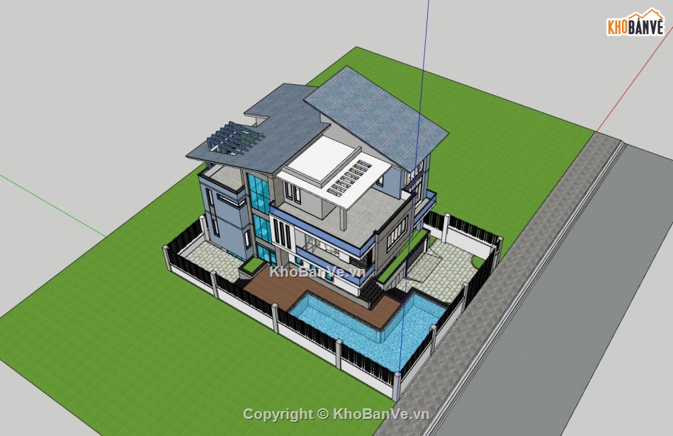 biệt thự 3 tầng,sketchup biệt thự 3 tầng,phối cảnh biệt thự