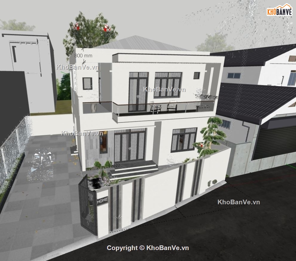 ngoại thất nhà 2 tầng,biệt thự nhà 2 tầng,sketchup biệt thự