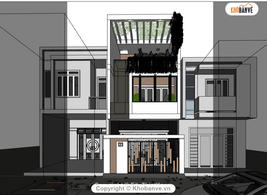 Sketchup,Nhà phố 2 tầng,Nhà phố hiện đại,Nhà phố 3 tầng,Su 3 tầng