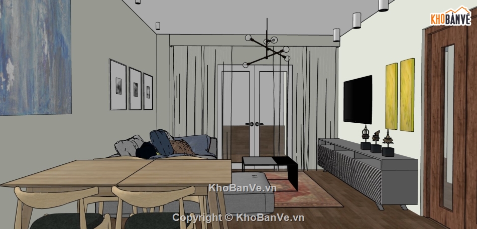 phòng khách hiện đại,file 3d sketchup phòng khách,mẫu sketchup phòng khách bếp,sketchup phòng khách,model su khách bếp hiện đại