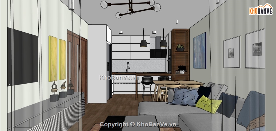 phòng khách hiện đại,file 3d sketchup phòng khách,mẫu sketchup phòng khách bếp,sketchup phòng khách,model su khách bếp hiện đại