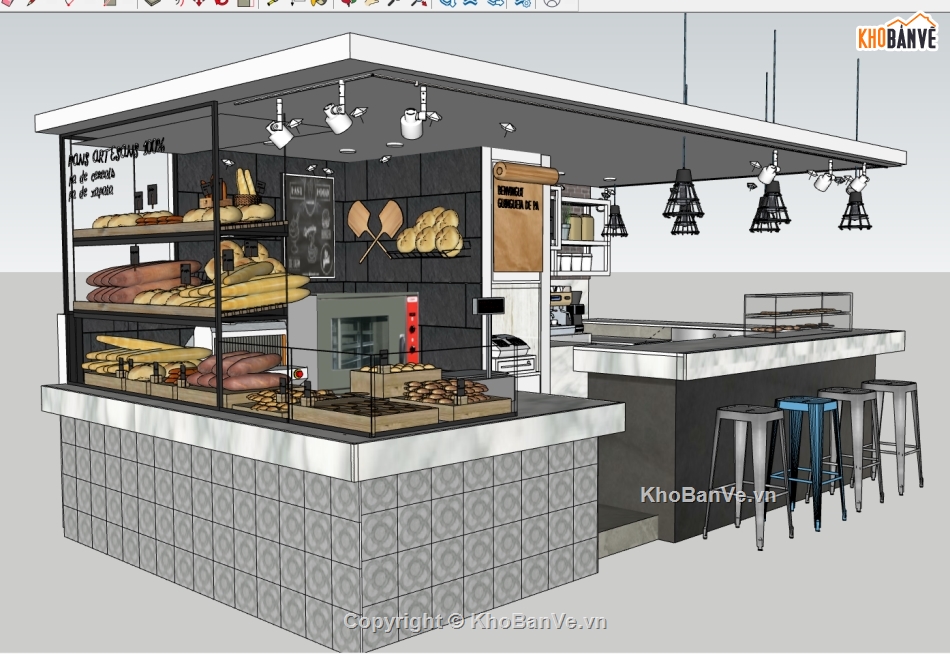 sketchup quầy bánh mì,quán bán bánh mì,Model sketchup quán,file sketchup quầy bán bánh mì