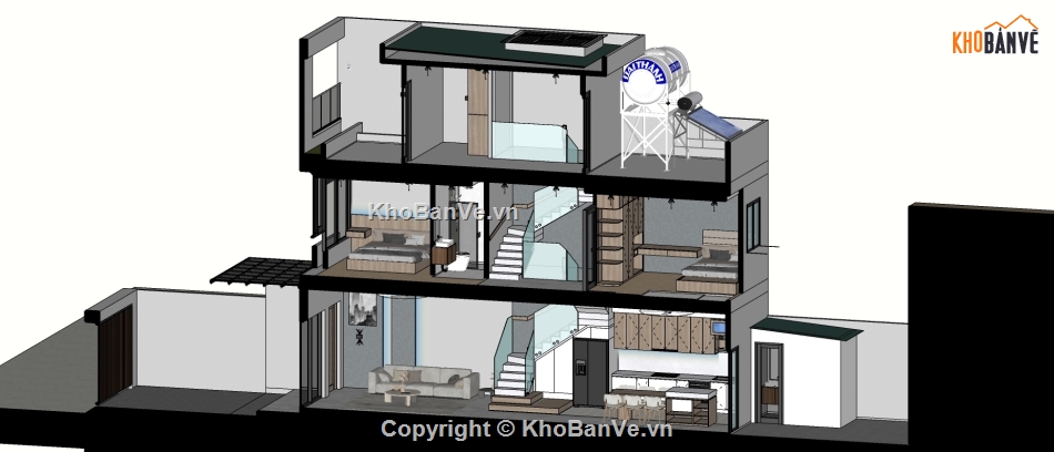 Sketchup nội thất,nhà phố 3 tầng,model su nhà phố 3 tầng,nội thất nhà phố 3 tầng