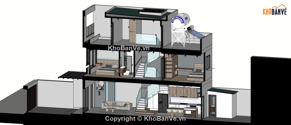 Sketchup nội thất,nhà phố 3 tầng,model su nhà phố 3 tầng,nội thất nhà phố 3 tầng