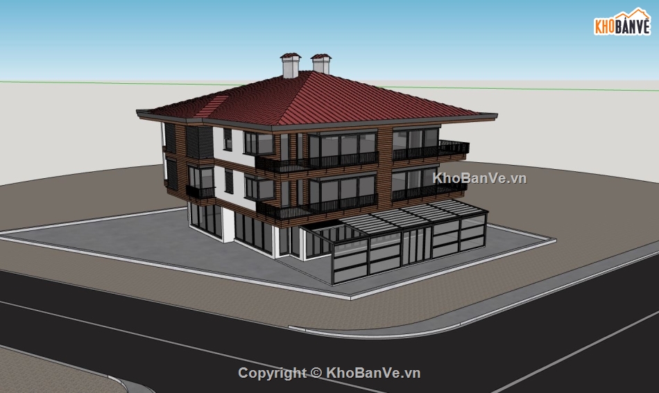 villa 3 tầng,sketchup villa 3 tầng,mẫu sketchup biệt thự 3 tầng,phối cảnh biệt thự 3 tầng