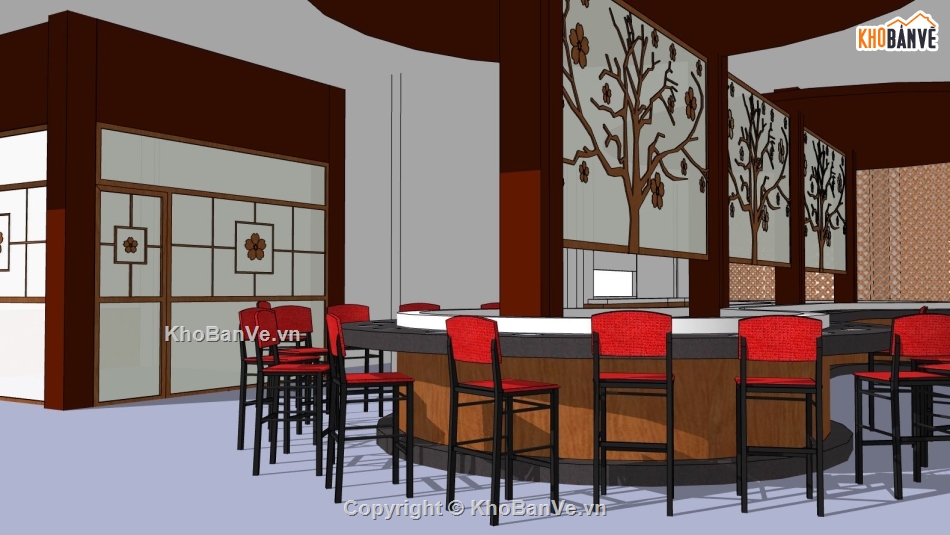 nhà hàng lẩu băng chuyền,file sketchup nhà hàng lẩu nướng,model su nhà hàng lẩu