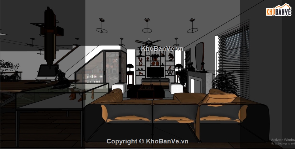 phòng khách nhà phố,sketchup phòng khách hiện đại,phối cảnh phòng khách,nội thất phòng khách su