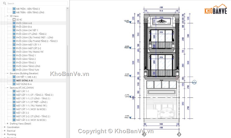 nhà phố 3 tầng,nhà phố 3 tầng revit,nhà phố 4 tầng revit,revit nhà phố 3 tầng,Bản vẽ nhà phố