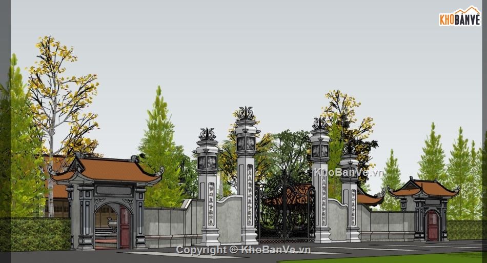 đền thờ sketchup,phối cảnh đền thờ su,bản vẽ đền thờ