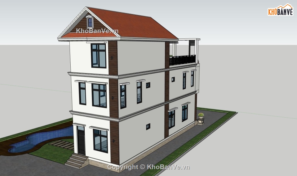 ngoại thất nhà phố 3 tầng,file sketchup nhà phố,nhà phố hiện đại,kiến trúc nhà phố