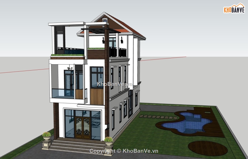 ngoại thất nhà phố 3 tầng,file sketchup nhà phố,nhà phố hiện đại,kiến trúc nhà phố