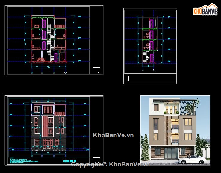 Kiên trúc nhà phố 4 tầng,nhà phố 4 tầng,bản vẽ nhà phố 4 tầng,autocad nhà phố 4 tầng