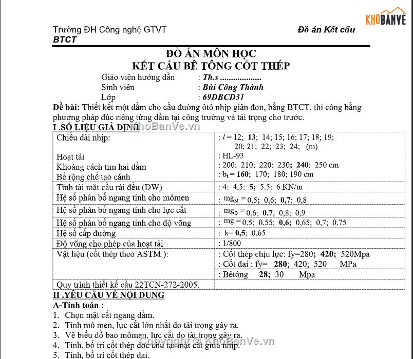 Đồ án BTCT,đồ án BTCT 1,Dầm T L=13m No3