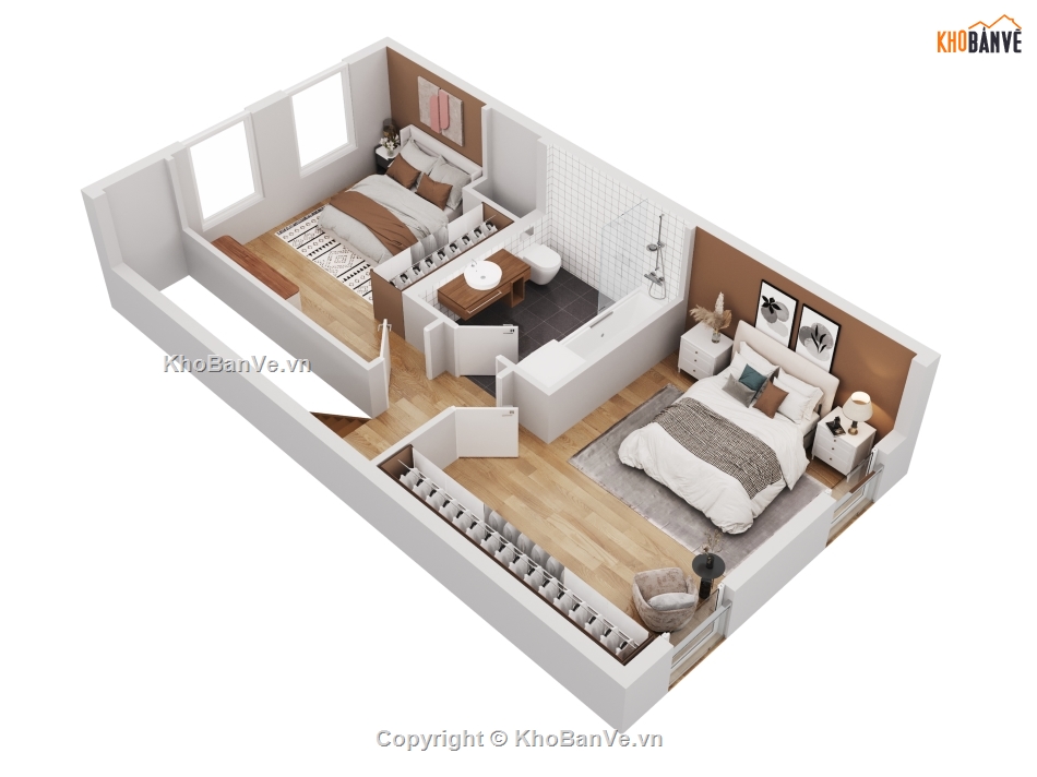 nha pho hai tang,ban ve 3dsmax,mat bang bo tri noi that,3d floor plan,nha hai phong ngu,Bản vẽ nhà phố