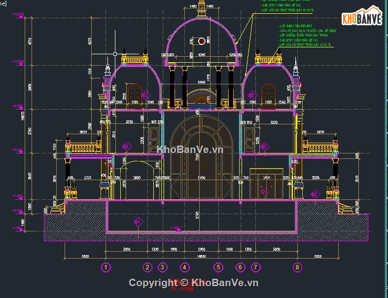 Mặt cắt mẫu biệt thự 4 tầng cổ điển bản vẽ file autocad