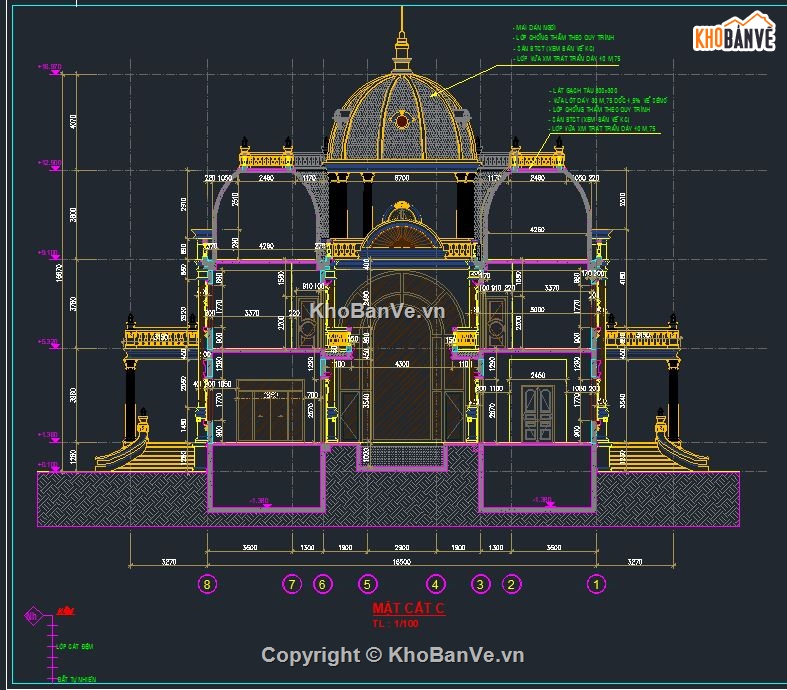 Mặt cắt mẫu biệt thự 4 tầng cổ điển bản vẽ file autocad