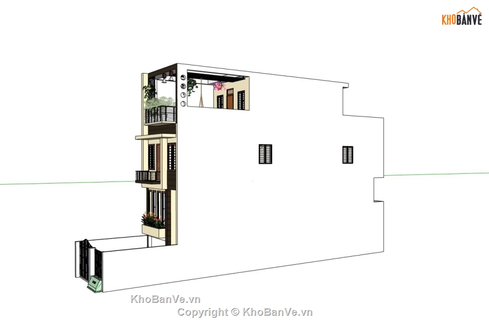 nhà 4 tầng,file sketchup nhà phố 4 tầng,phối cảnh nhà phố 4 tầng,mẫu nhà phố 4 tầng đẹp