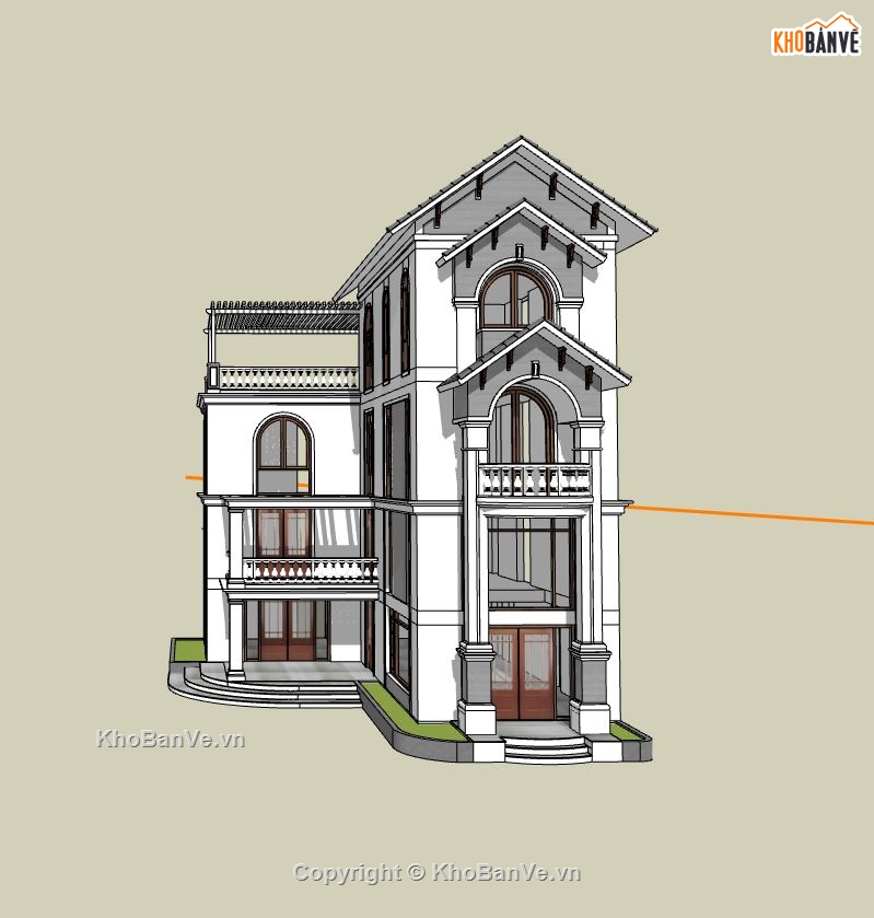 nhà chữ L,nhà 4 tầng chữ L,sketchup nhà chữ L