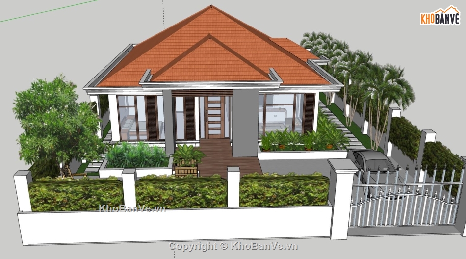 biệt thự 1 tầng dựng sketchup,file sketchup biệt thự 1 tầng,model su biệt thự 1 tầng