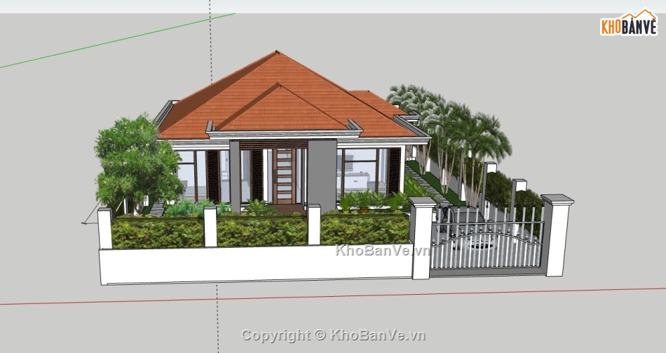 biệt thự 1 tầng dựng sketchup,file sketchup biệt thự 1 tầng,model su biệt thự 1 tầng