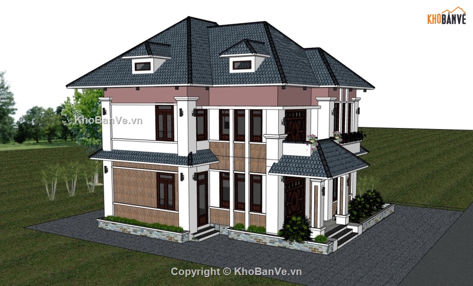 biệt thự 2 tầng,phối cảnh biệt thự,mẫu biệt thự hiện đại,sketchup biệt thự