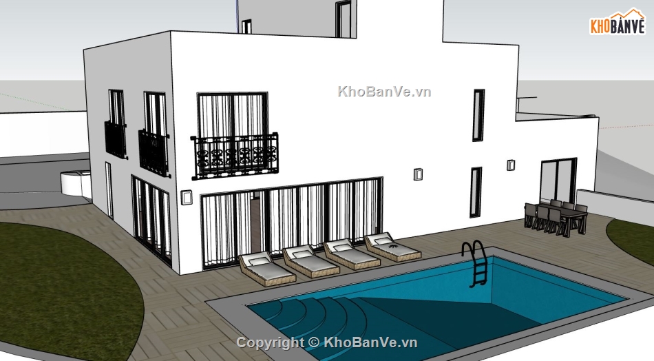 Biệt thự  2 tầng,file sketchup biệt thự 2 tầng,biệt thự có bể bơi