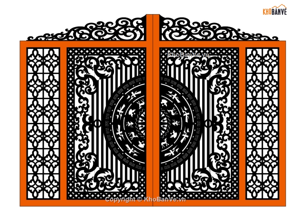 Cổng 2 cánh CNC họa tiết trống đồng: Với họa tiết cắt CNC trang trí trực quan đặc biệt trên cổng, không gian ngôi nhà sẽ trở nên sang trọng và ấn tượng hơn bao giờ hết. Giá trị thẩm mỹ cùng với chất liệu trống đồng mang lại cho các tổ thể uy nghi và quyền uy.
