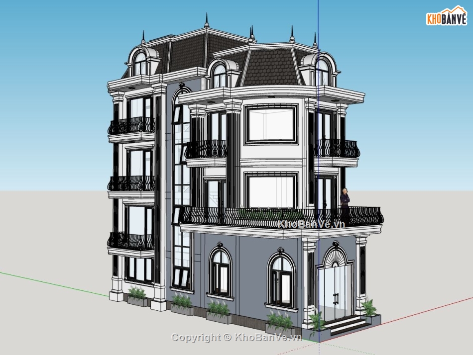 nhà phố 3 tầng dựng sketchup,nhà phố 3 tầng tân cổ điển,model su nhà phố 3 tầng,phối cảnh nhà phố 3 tầng fiel su