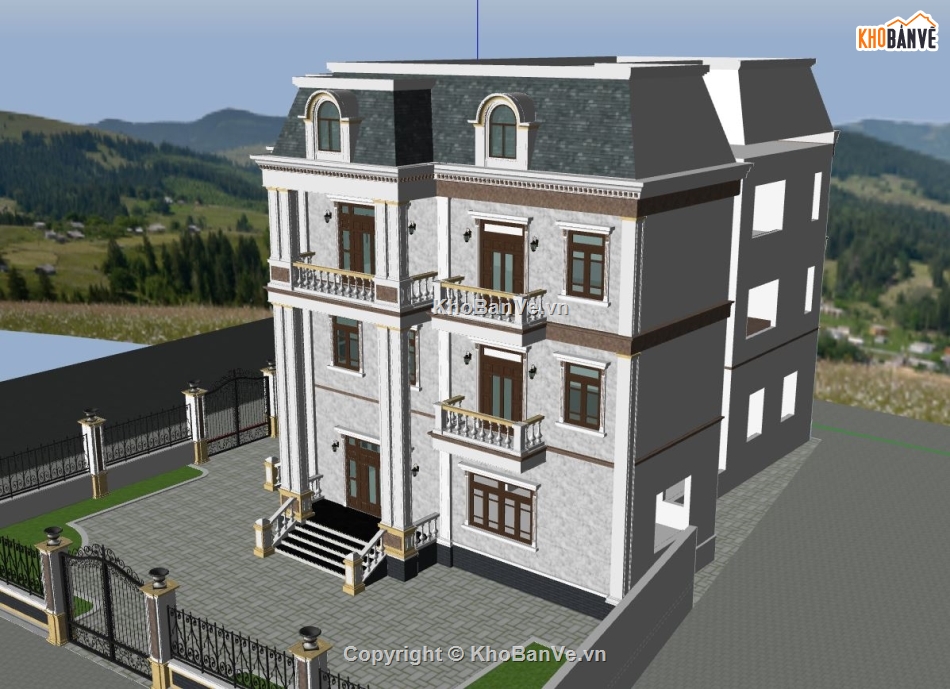 model sketchup villa 3 tầng,villa 3 tầng tân cổ điển,file su biệt thự 3 tầng