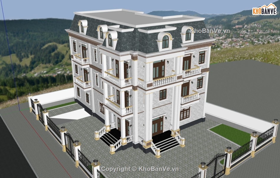 model sketchup villa 3 tầng,villa 3 tầng tân cổ điển,file su biệt thự 3 tầng