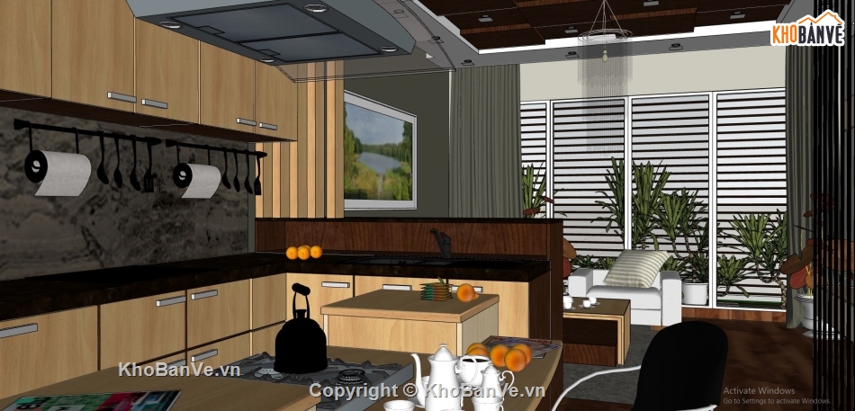 nội thất nhà phố su,sketchup nội thất khách bếp,thiết kế nội thất nhà bếp,phòng khách model sketchup
