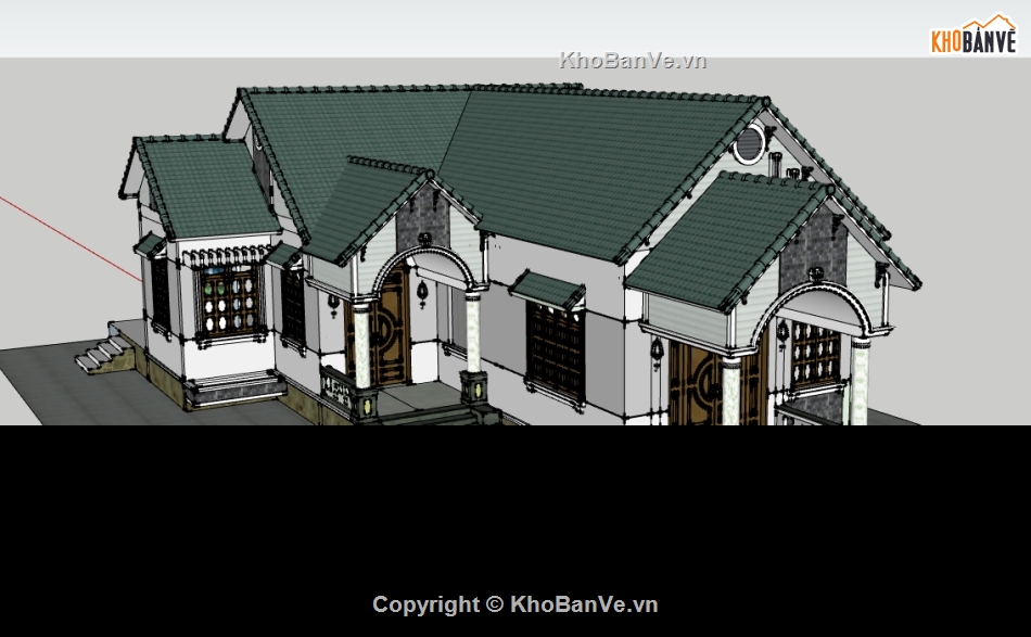 biệt thự mái thái dựng sketchup,thiết kế biệt thự file 3d su,File thiết kế biệt thự mái thái,model su biệt thự 1 tầng