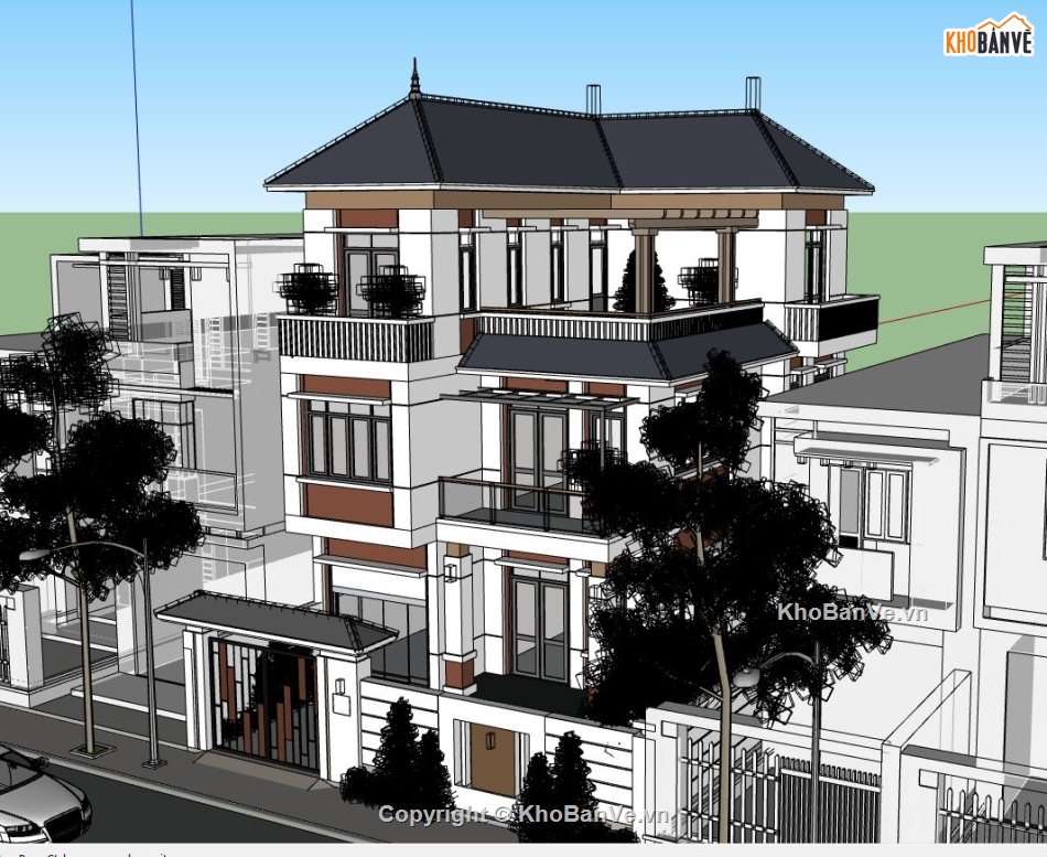 nhà phố 3 tầng,sketchup nhà phố 3 tầng,mẫu nhà phố 3 tầng