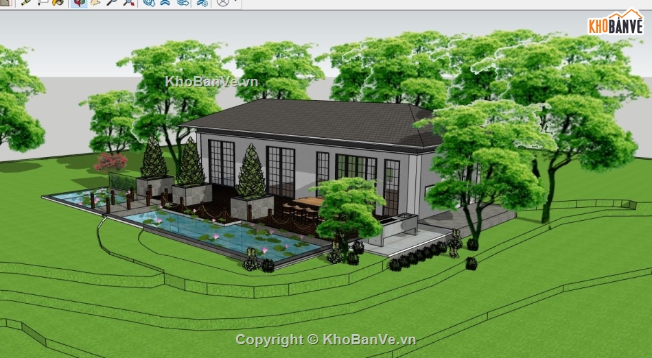 nhà vườn su,nhà vườn có hồ bơi,biệt thự nhà vườn file su,nhà vườn sketchup
