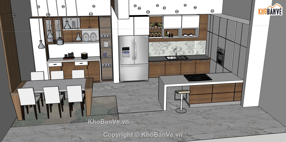 phòng bếp sketchup,thiết kế phòng bếp,file sketchup phòng ăn,phòng bếp hiện đại