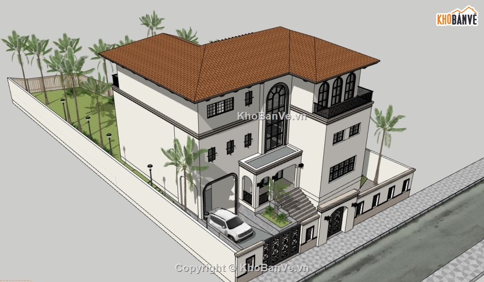 biệt thự 3 tầng dựng sketchup,Su dựng bao cảnh biệt thự,file 3d su biệt thự 3 tầng