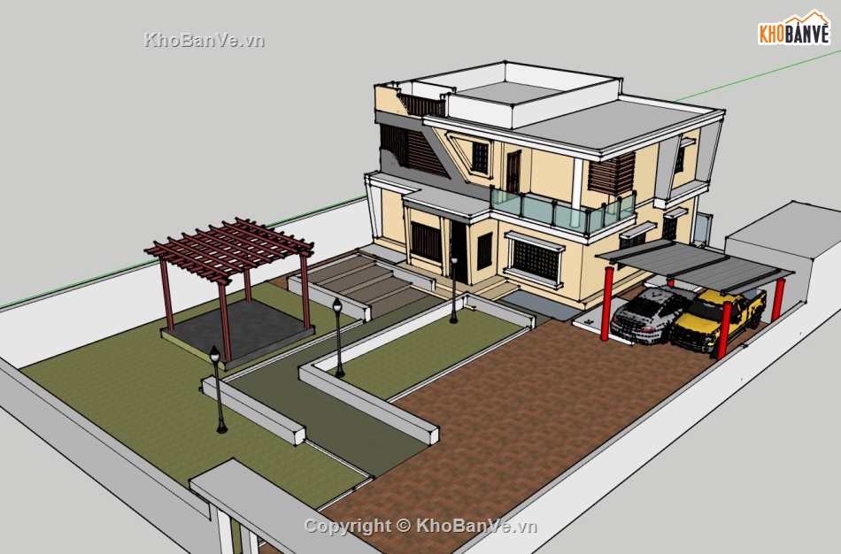 biệt thự 2 tầng,biệt thự mái bằng,biệt thự 10x12m,model sketchup biệt thự 2 tầng,phối cảnh biệt thự 2 tầng