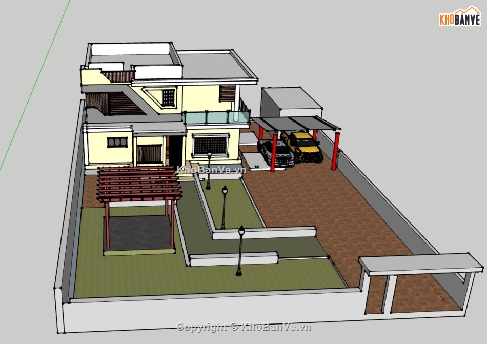 biệt thự 2 tầng,biệt thự mái bằng,biệt thự 10x12m,model sketchup biệt thự 2 tầng,phối cảnh biệt thự 2 tầng