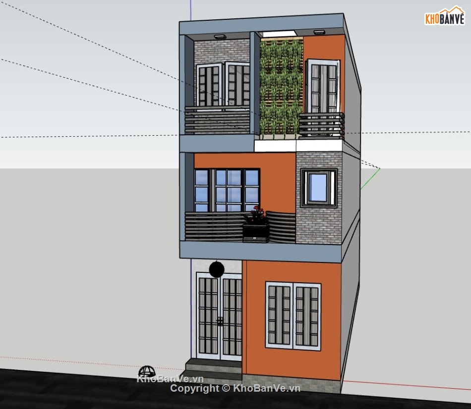 nhà phố 3 tầng,file sketchup nhà phố 3 tầng,mẫu nhà phố 3 tầng,phối cảnh nhà phố 3 tầng